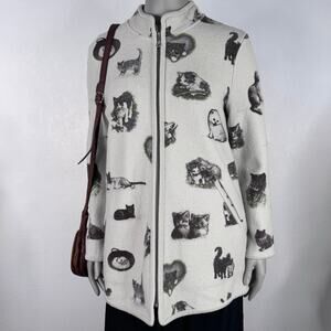 Geiger Austria Cat Print Wool Coat Jacket 90s Boiled Wool Rare Size 40/Medium